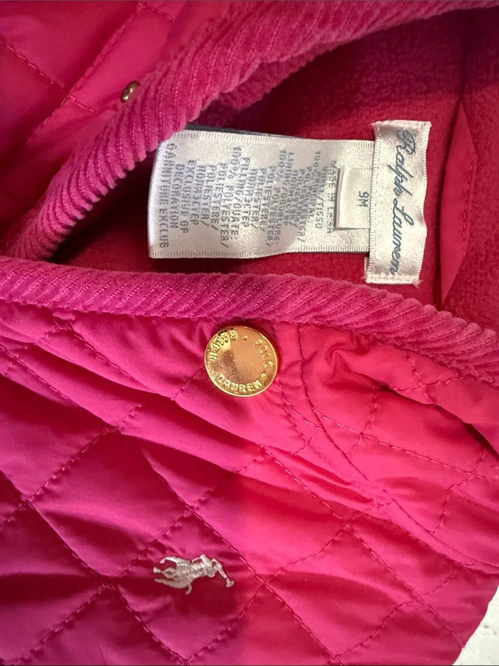 Ralph Lauren Quilted Hooded Footie in Fuchsia Pink and Gold 9M